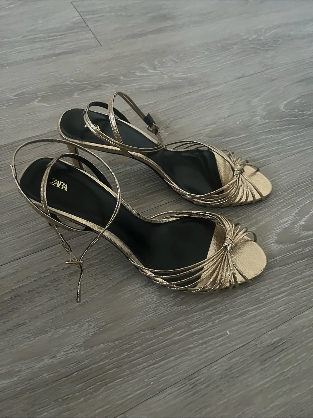 Zara Metallic Gold Strappy Ankle‑Tie Heels